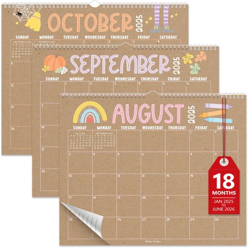 Hadley Designs Wall Calendar 2025-2026 – 18-Month Hanging Calendar 2025-2026 for Family, Home, School, & Office, Spiral Bound with Large Date Blocks & Notes Sections (Doodle Kraft)