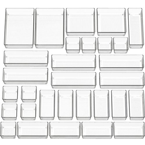 Simple Houseware 30 PCS Clear Plastic Drawer Organizers Set, 5-Size for Makeup, Bathroom, Bedroom and Office