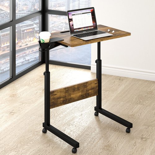 Klvied Standing Desk Adjustable Height, Stand Up Desk with Cup Holder, Portable and Easy to Move Bedside Table, Ideal for Home or Office, Black，Walnut