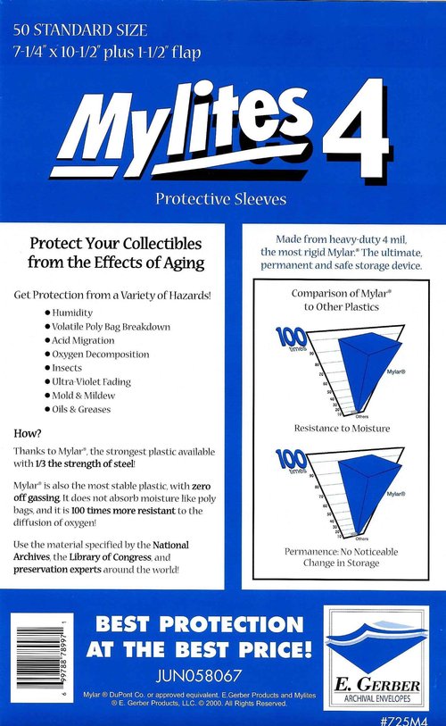 Mylites 4 Standard Comic Book Mylar Sleeves 7 1/4" x 10 1/2" Plus 1 1/2" Flap