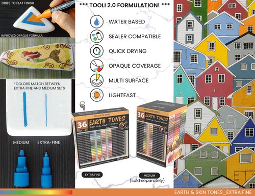 36 Acrylic Paint Pens Skin and Natural Earth Tone Marker Set For Rock Painting, Canvas, Mugs, Glass, Plastic, Wood, Metal, Fabric, Scrapbooking, Most Surfaces. Quick Drying Waterbased (EXTRA FINE)
