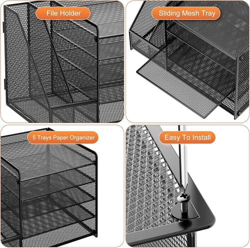 Marbrasse Desk Organizer - 5-Tier Mesh Letter Tray with File Holder & Magazine Storage | Black