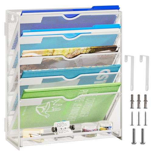 Lavatino 6-Tier Hanging File Organizer, Wall Mount File Holder for Mails Folders Papers Magazine Organization, Vertical Document Organizer for Office Home - (White)