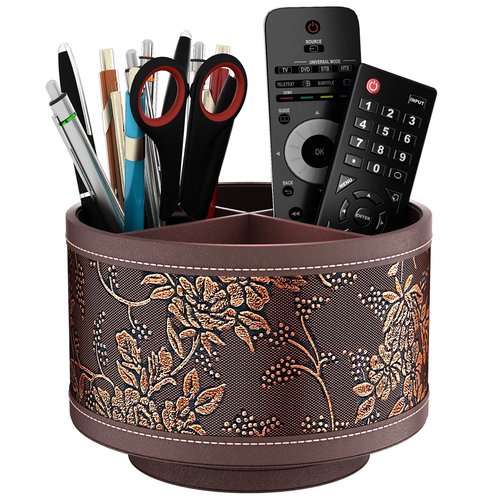 Thipoten Remote Control Holder, Faux Leather 360° Art Supply Organizer, Multi-Functional Caddy for Remote Controllers, Office Supplies, Perfect Space Saver for End Table/Nightstand/Office Desk(Retro)