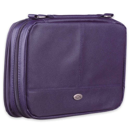 Christian Art Gifts Inspirational Vegan Leather Two-fold Organizer Bible Cover for Women, Jesus Fish Badge, Sturdy Carry Handle, Pen Loops, Pockets, Pen/Highlighter Combo & Notepad, Purple, Large
