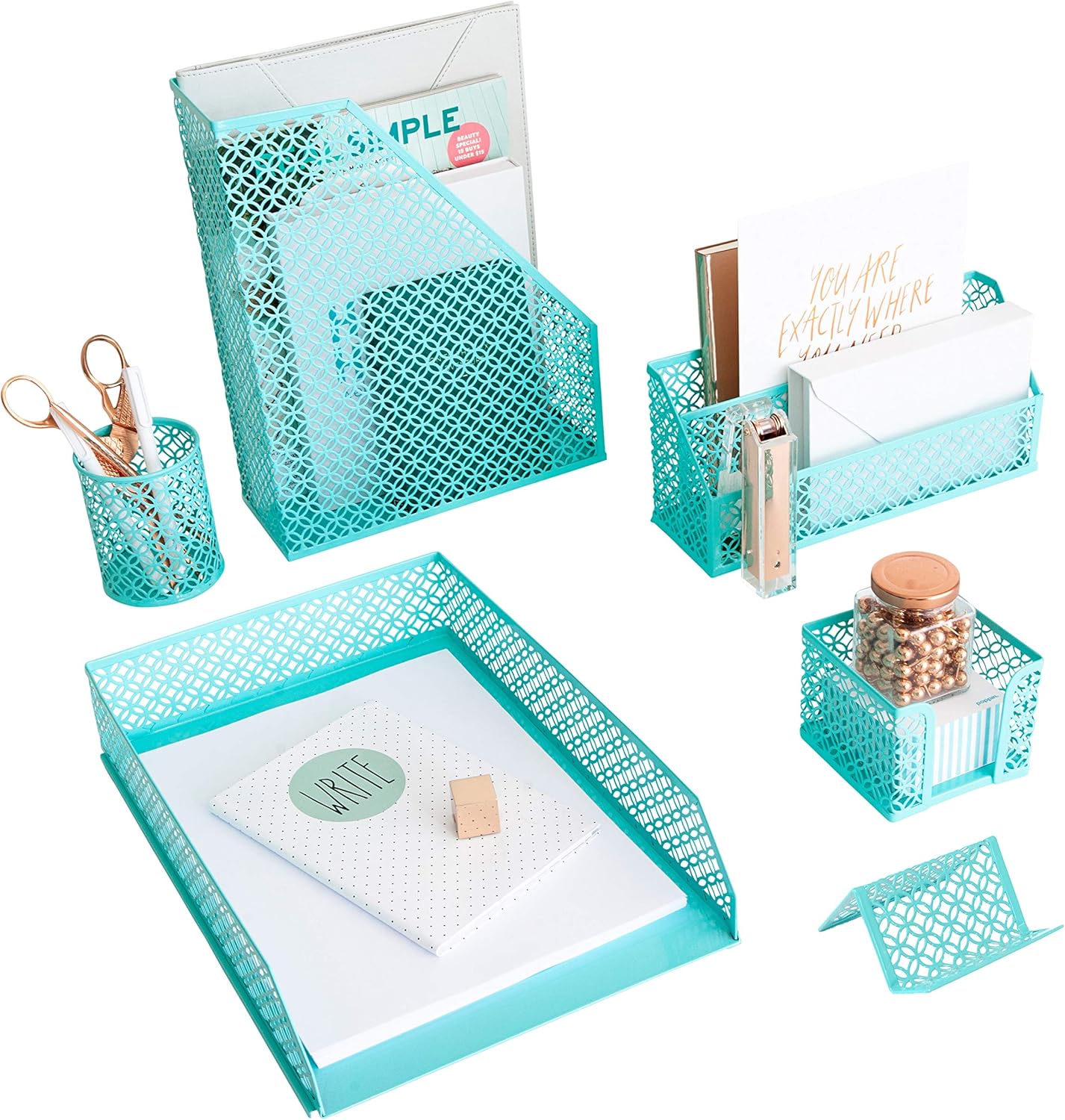 BLU MONACO Aqua Teal 6-Piece Desk Organizer Set | Stylish Office Accessories for Women