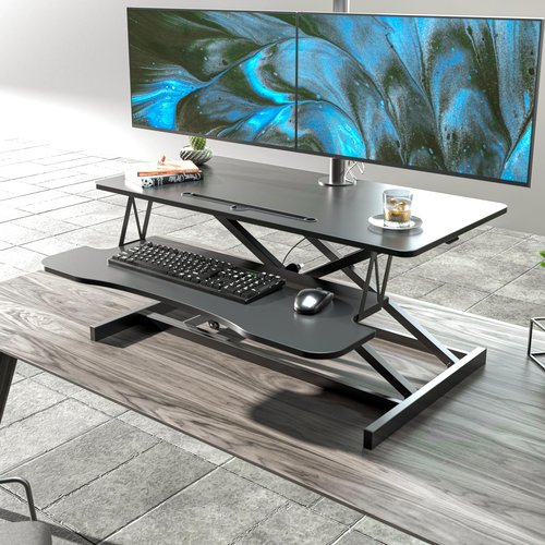 AQQHSAIN Standing Desk Converter 36 Inch Wide Sit to Stand Converter Desk Height Adjustable Desk Riser with Keyboard Tray Laptop and Dual Monitor Desktop Workstation Riser for Home Office Computer