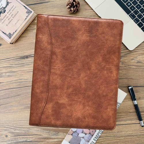 Gvalant 3 Ring Binder Vegan Leather Portfolio, Zippered Portfolio for Men, Letter Size Organizer Folder Padfolio A4 Document Bag for 13.3 inch Tablet Laptop (Brown, Standard)