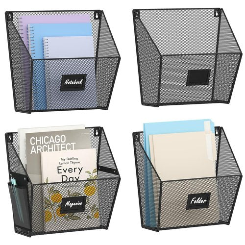 Yuzehuaza Mesh Wall File Holder, Hanging File Organizer, Mail Organizer Wall Mounted, 4 Packs Hanging Magazine Holder with Pencil Case for Classroom Office(BLACK)