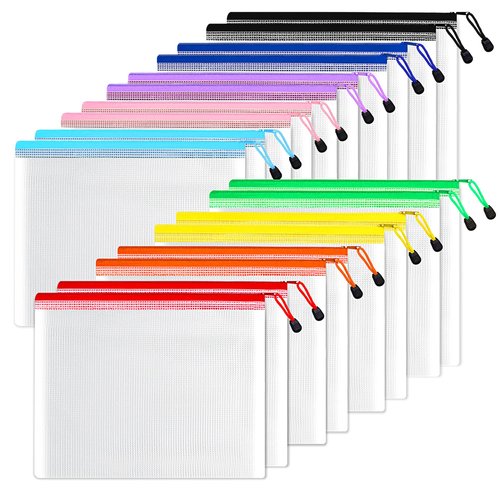 SUNEE Plastic Mesh Zipper Pouch 9x13 in (6 Colors, 18 Packs),Extra Large Water-Resistant Zip Bag for School Office Supplies, Puzzles & Games Organizing Storage