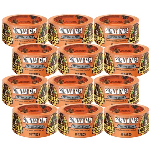 Gorilla Crystal Clear Tape - Weather Resistant for Indoor/Outdoor Projects | 1.88” x 18 yd (Pack of 12)
