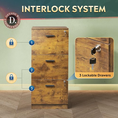 DEVAISE 3-Drawer File Cabinet - Lockable Vertical Wood Filing Cabinet for Home Office, Rustic Brown