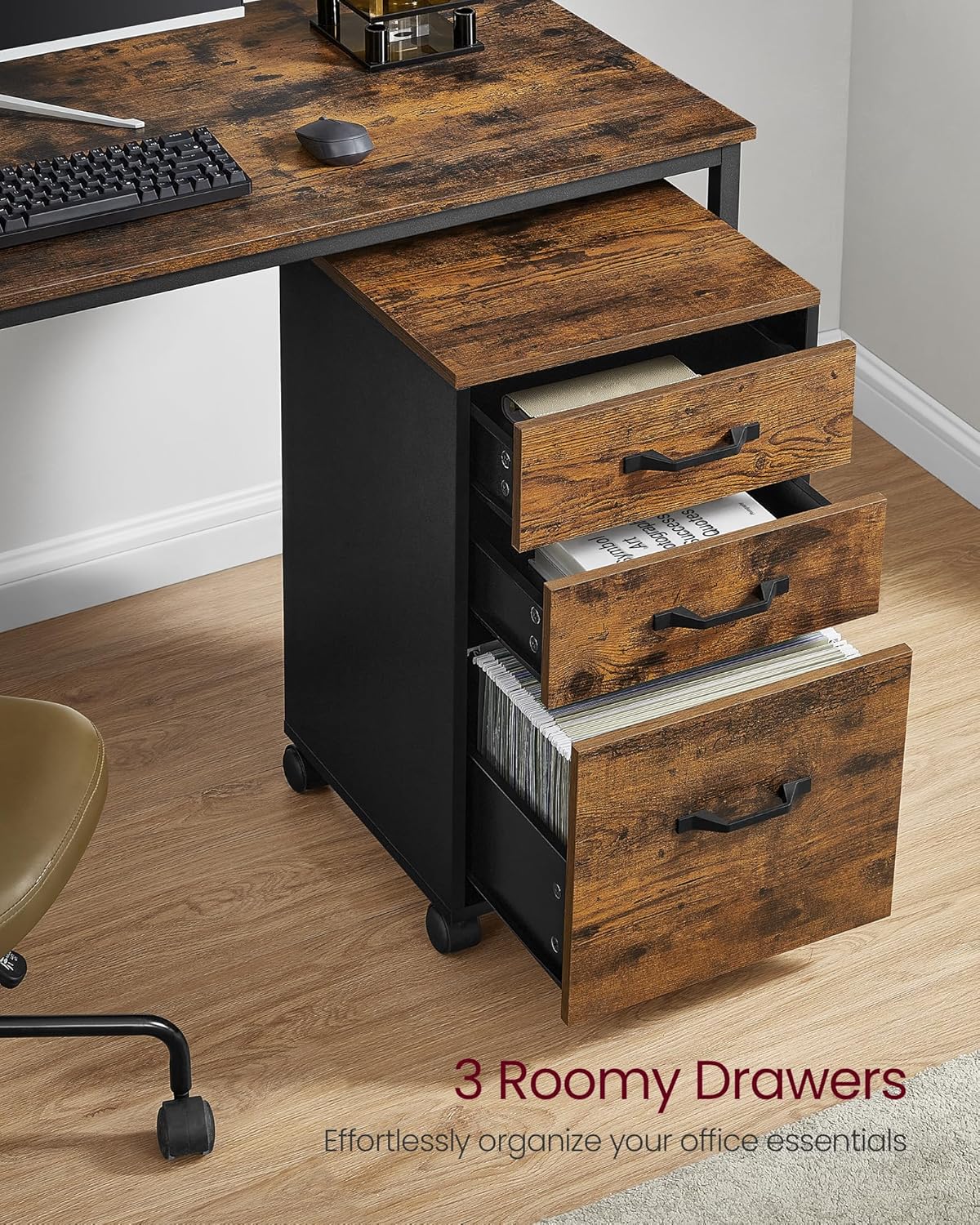 VASAGLE File Cabinet - 3-Drawer Home Office Storage with Wheels | Rustic Brown & Ink Black Finish
