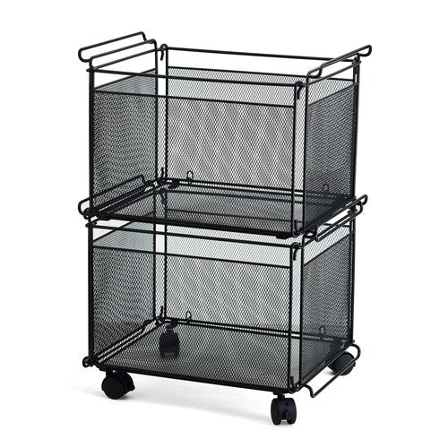 Artesa Presa Rolling Collapsible Stackable File Storage Organizer Basket, Set of 2, Black