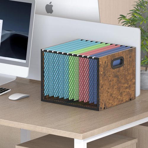 Piskyet Wooden Hanging File Organizer for desk, Metal Mesh File Folder Organizer Crate Cabinet Storage Box with Handle for Home Office Desk,Letter - Size,Rustic Brown