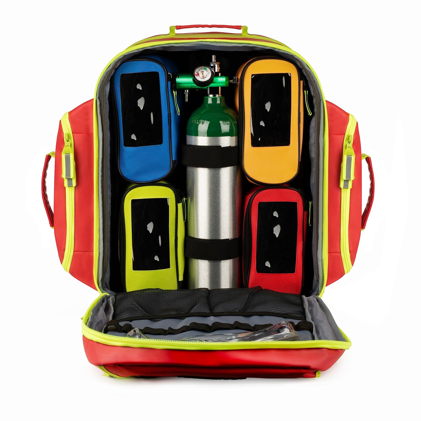 Scherber Fully-Stocked Premium First Responder Backpack | EMT/EMS Medic Trauma & Oxygen Medical Professional Kit | Bag w/ 4 Color-Coded Removable Pouches, O2 Storage, & 250+ First Aid Supplies - Red