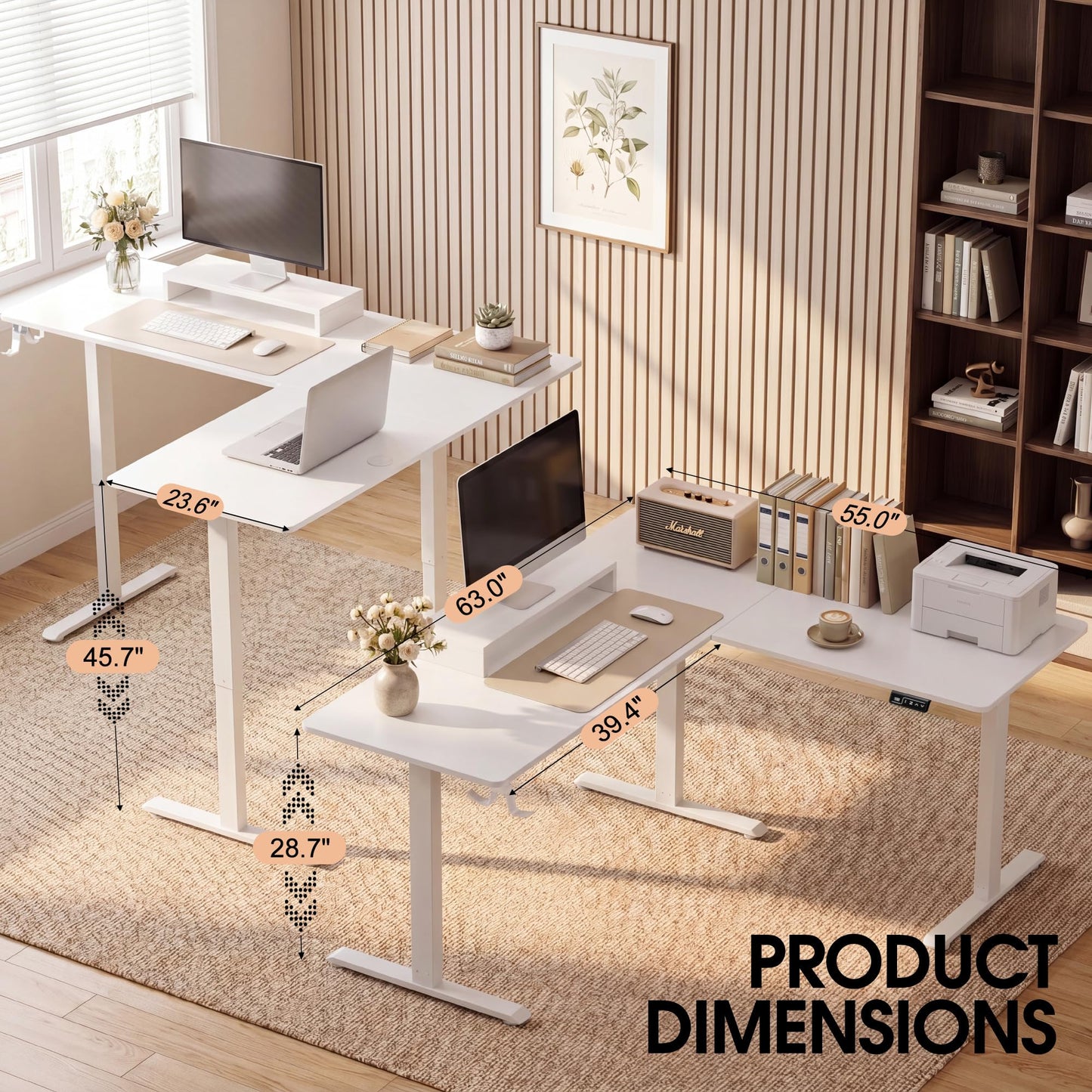Furmax 63 x 55 Inch L Shaped Standing Desk with 2 Preset Heights, Electric Height Adjustable Computer Table, 2 Hooks & Feet Balance, Corner Sit Stand Desk for Home Office (White, 63 x 55 Inch)
