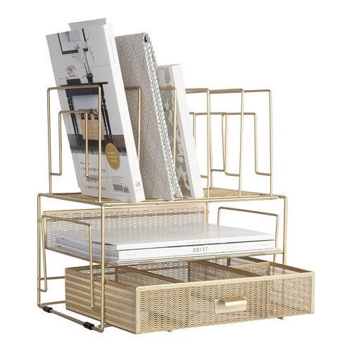BLU MONACO Gold Desk Organizer – Cute File Holder for Desk & Drawer Storage for Office Supplies, Paper, Devices & Folders