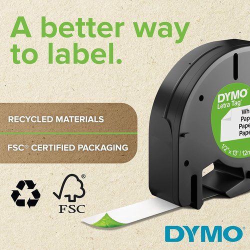 DYMO LetraTag Labeling Tape - Black Print on White Plastic, 1/2" W x 13' L, 1 Roll