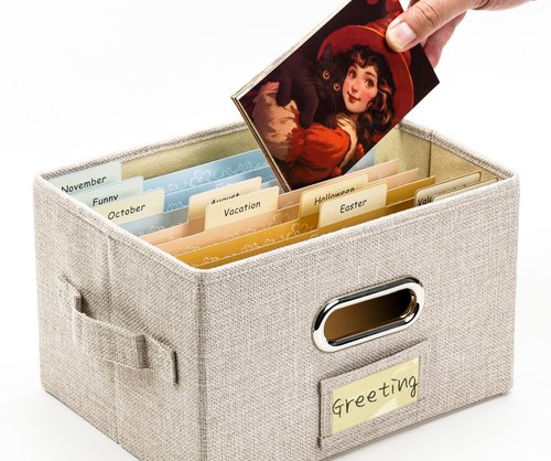 Remowith Greeting Card Organizer and Storage Box with 20 Pcs Adjustable Dividers, Storing Cards with 84 Pcs Labels Perfect for Storing Greeting Cards, Envelopes, Photos 1 Pack Beige