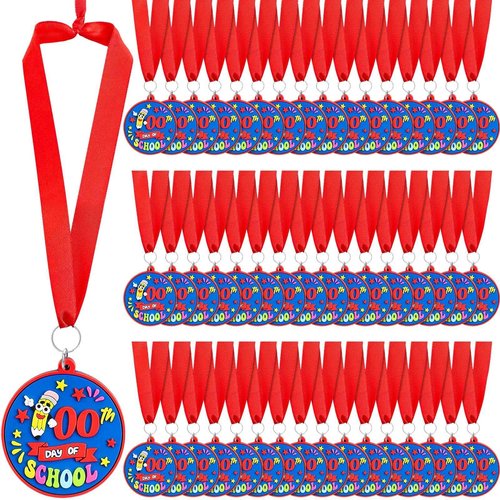Poen 48 Pcs Happy 100 Days of School Award Medals 1.97'' Rubber 100th Day of School Medals for Awards for Kids with 29.5" Ribbon Classroom Supplies Themed Party