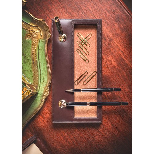 Dacasso Chocolate Brown Leather Double Gold Accents Pen Stand