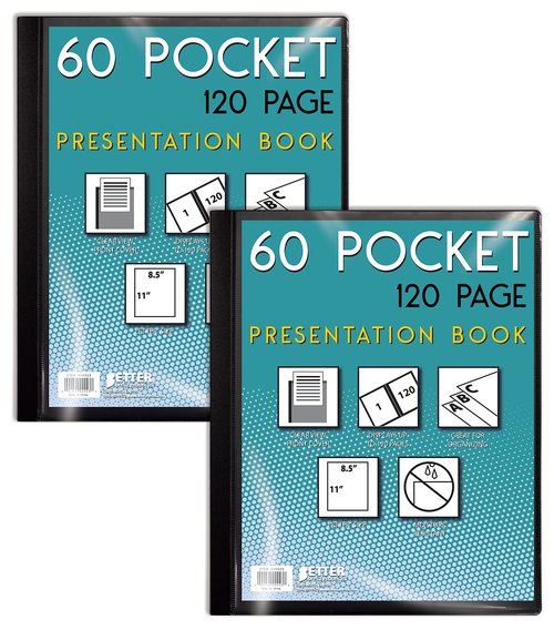 Better Office Products 60 Pocket Bound Black Presentation Book, with Clear View Front Cover, 120 Sheet Protector Pages, 8.5" x 11" Sheets, Art Portfolio, Durable Poly Covers, Letter Size (2 Pack)