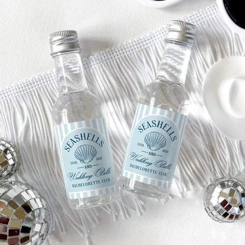 Seashells and Wedding Bells Bachelorette Shot Bottle Labels - 50 mL Bachelorette Liquor Labels - Set of 16, Coastal Bachelorette Party Favors, Beach Bridal Shower Stickers (Stripes)
