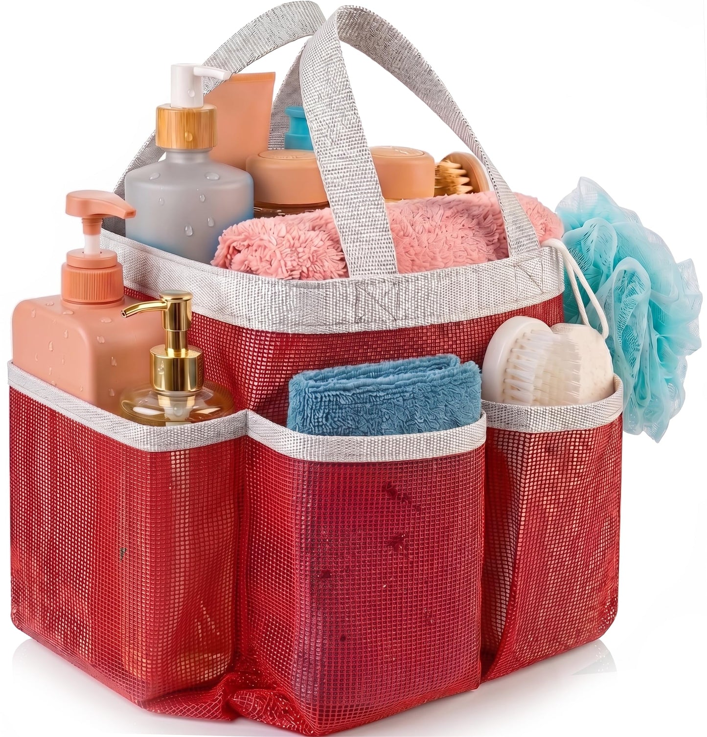 Handy Laundry Mesh Shower Caddy – 7 Pocket Portable Organizer Tote for Dorm, Gym, Travel & Bathroom – Quick Dry Collapsible Bag for College Essentials, Toiletries & Cleaning Supplies (Pink)