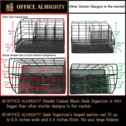 OFFICE ALMIGHTY Black Desk Organizer for Men: Exclusive Large 7 in 1 Mesh Coated Metal Supplies Organizer with Pen Holders, Folder Holder & Accessories Drawer & 171 Clips Set w/a Plastic Box