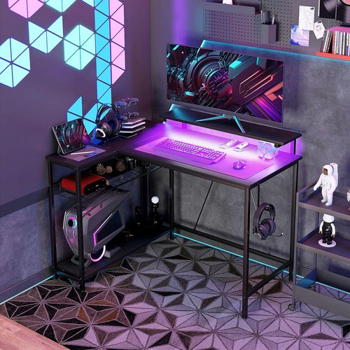 Zentrava 42" L Shaped Computer Desk, Corner Gamer Table with LED Lights, USB Charging Ports, Power Outlet, Reversible L Shaped Computer Desk with Storage Shelves and Monitor Stand (Black)