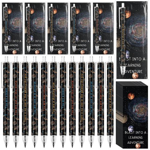 Dunzoom 30 Set Back to School Gift Bulk Space Mechanical Pencils Blast into a Learning Adventure Bookmark Refillable and Retractable Galaxy Pencils with Cards for Students Kids First Day of School