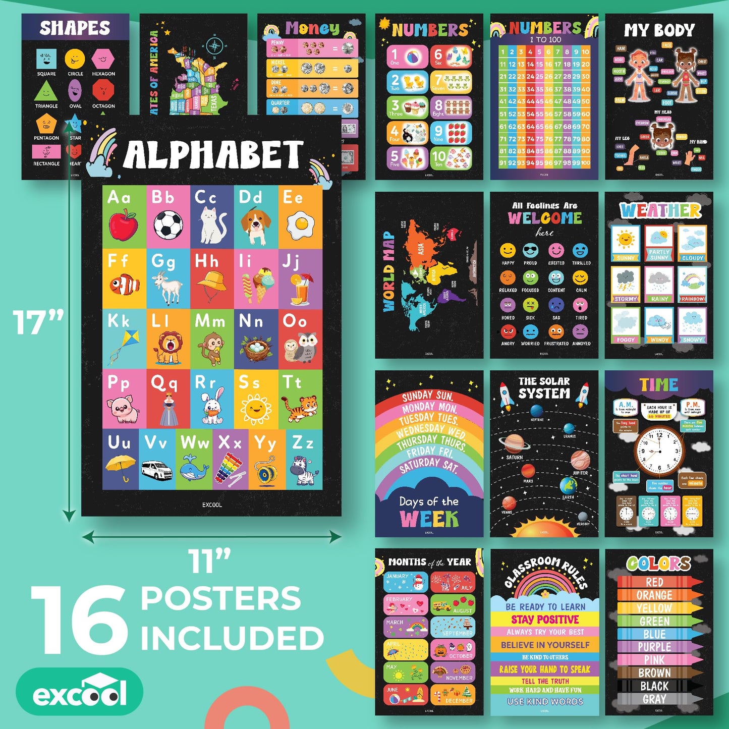 Excool Club 16 Chalkboard Educational Posters For Toddlers 1-3, Toddler Learning Posters For Kids Ages 3-5, Kindergarten Classroom Must Haves, Laminated Abc Number Chart Prek Classroom Decor Preschool