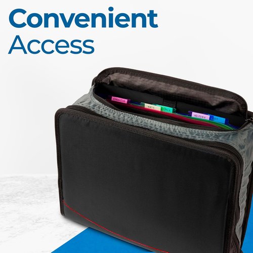 Case-it Mighty Zip Tab School Zipper Binder - 3-Inch O-Rings, 600-Sheet Capacity, 5-Subject Organizer | Jet Black