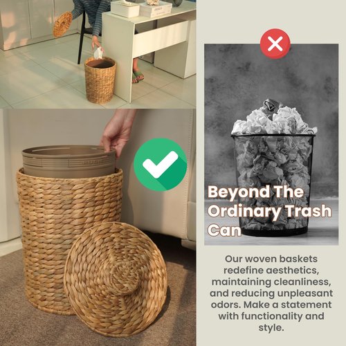 Tidita 4 Gallons Wicker Waste Basket - Water Hyacinth Bathroom Garbage Can with a Lid - Bathroom Trash Can Boho Style - Wicker Trash Can with Lid for Household, Kitchen - Removable Liner, Iron Frame