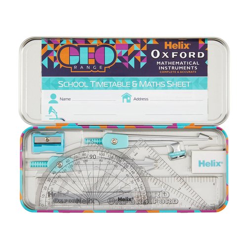 Helix Oxford Geo Complete Maths and Stationery Set - Oxford Maths Set, 30cm Folding Ruler, Ballpoint Pens, Eraser, Exam ready clear Pencil Case, Pencils - Orange Geometric Design