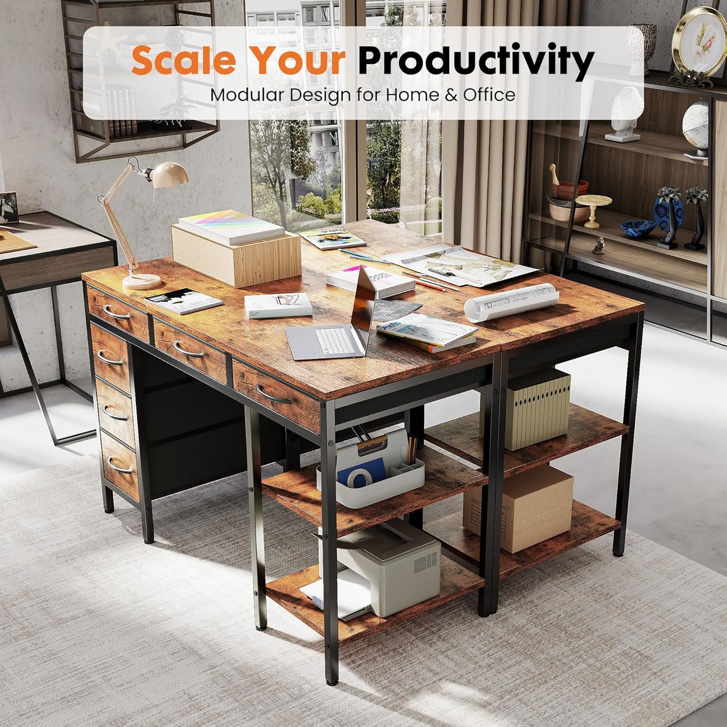 Sweetcrispy 47" Computer Desk - Rustic Brown Home Office Gaming Desk with 6 Drawers & Storage Shelves