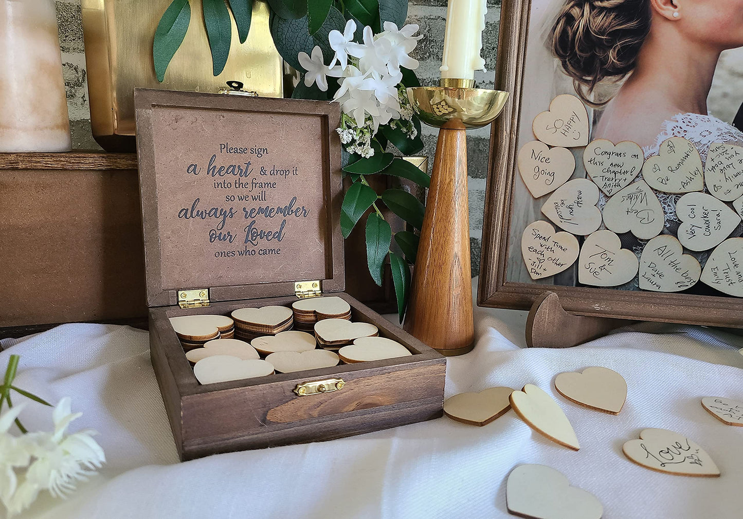 PMPX Wedding Guest Book Alternative Barn Wood Drop Top Frame with Stand, 90 Wood Hearts, Matching Box with Message Inside The Lid. Weddings, Bridal or Baby Shower, Anniversary, or Special Event.