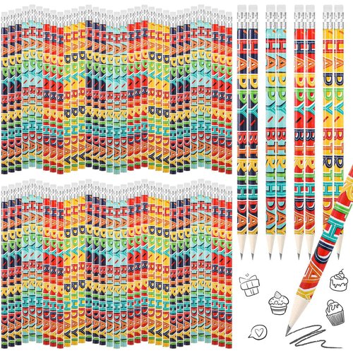 Kosiz 400 Pcs Happy Birthday Pencils Colorful Printed Birthday Pencils with Top Erasers Perfect For Teachers Class Reward Party Kids Gifts Supplies