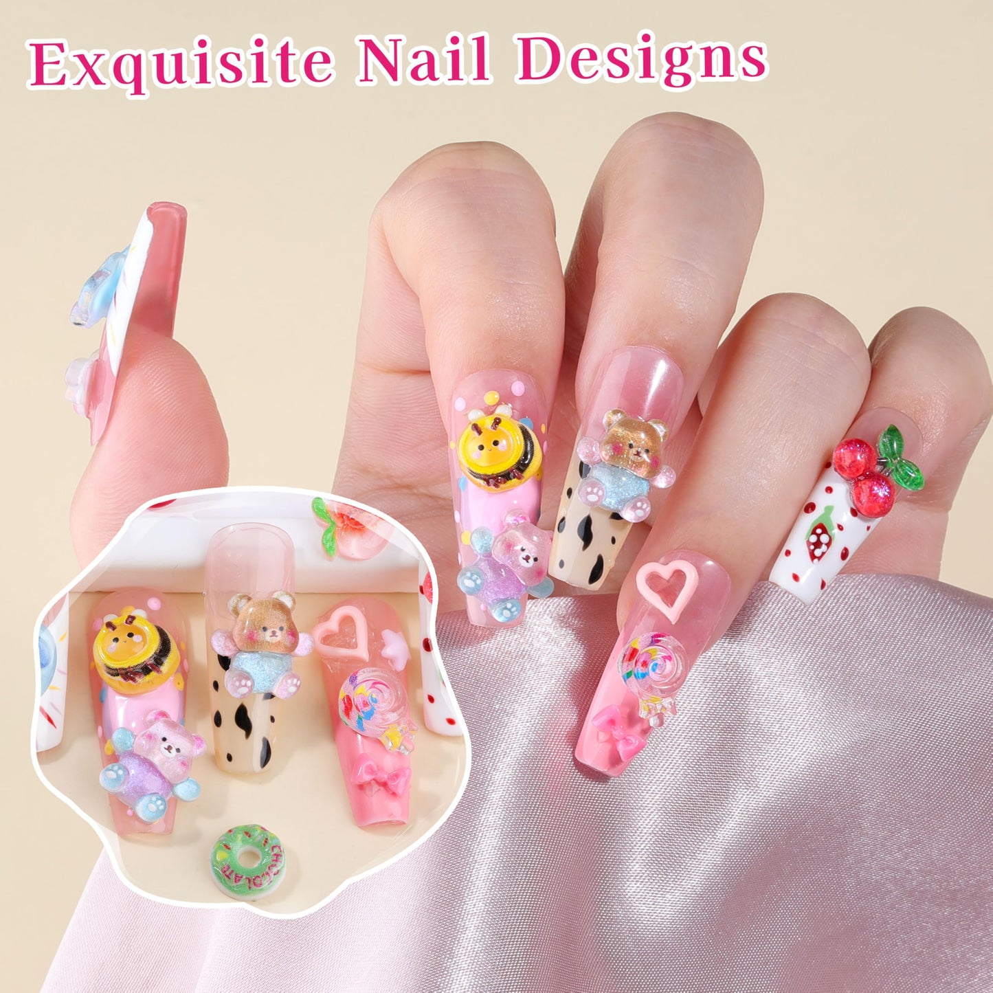 250Pcs 3D Kawaii Nail Charms Kit, Mixed Cartoon Candy Animal Fruit Resin Charms Flatback Gummy Bear Slime Charms Cute Star Heart Butterfly Daisy Flower Nail Supplies for Nails Phone Cases DIY Crafts