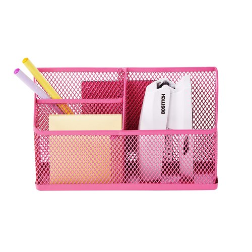 LockerMate Magnetic Pencil Holder, Locker Organizer with 3 Mesh Storage Compartments, Pink