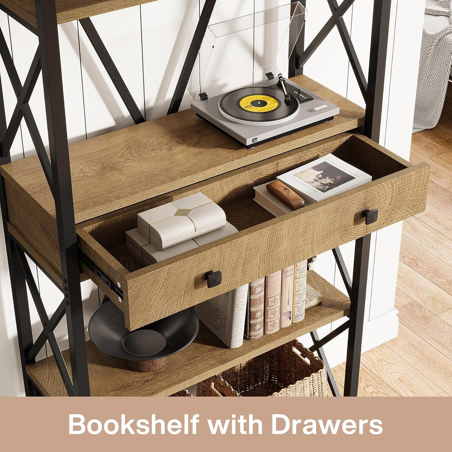 Tribesigns Industrial Bookshelf - 70.9" Tall Bookcase with Drawers & Open Shelves | Rustic Brown Finish