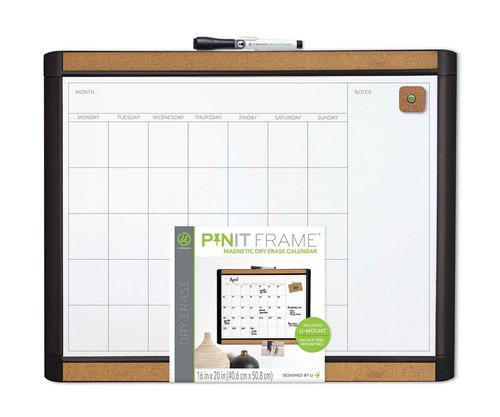 U Brands PINIT Dry Erase Calendar White Board, 16" x 20" Inches, Black Frame