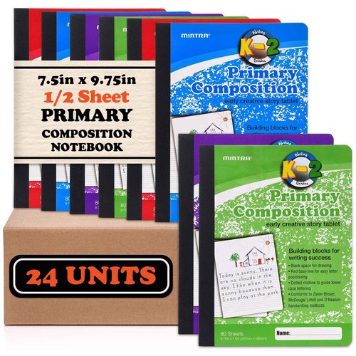 Mintra Primary Composition Notebook, 24 units 6-4 Pack, Assorted Colors, 80 Sheets, 7.5in x 9.75in, 1/2 Sheet, Ruled with Drawing Area, Flexible Hardcover Journal, Grades K-2, School & Home Use