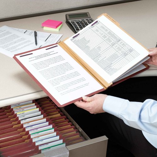 Smead Pressboard Classification File Folder with SafeSHIELD Fasteners, 3 Dividers, 3" Expansion, Letter Size, Red, 10 per Box (14092)