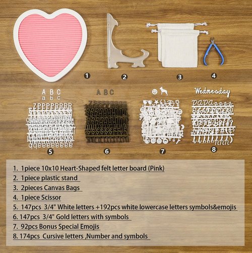 G GAMIT Heart-Shaped Felt Letter Board Message Sign,10x10 inches Message Board with 465 Changeable White&Golden Letters,Numbers,Cursive Words and Stand for Party,Pregnancy,Wall&Tabletop Decor (Pink)