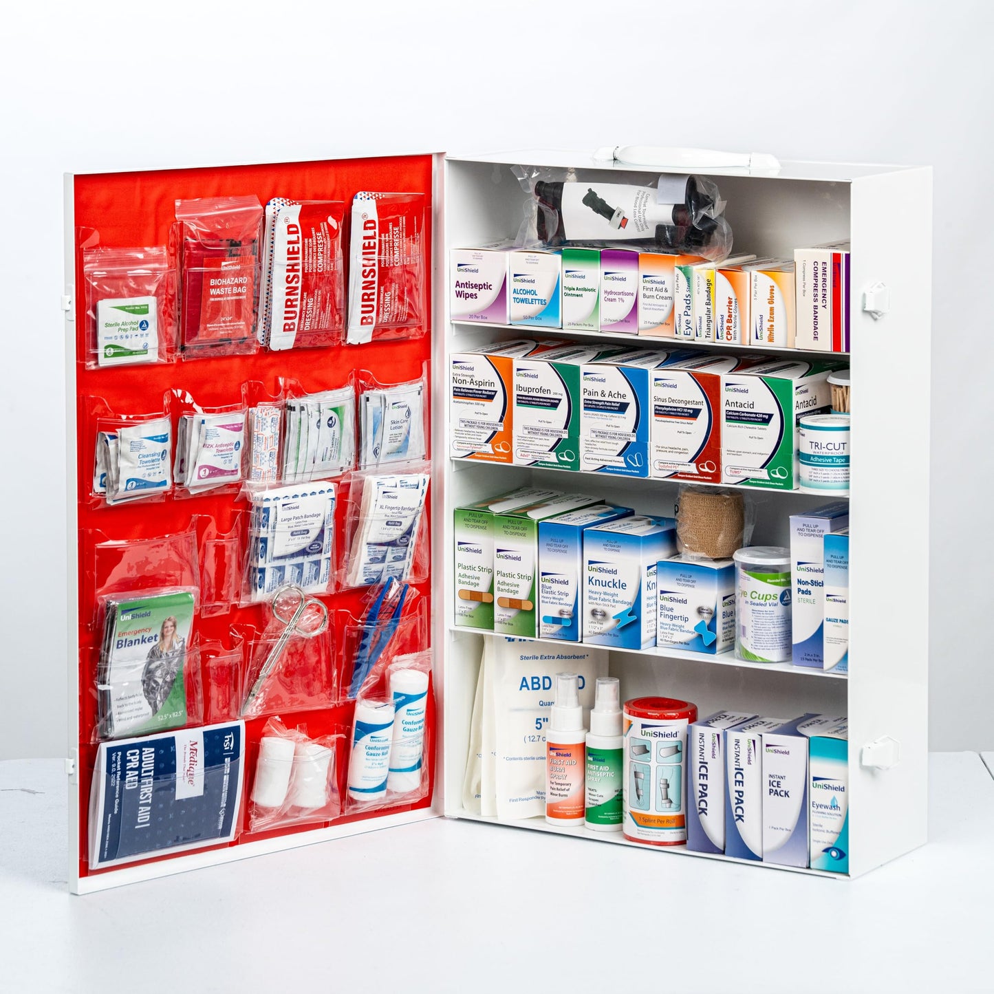 UniShield 4-Shelf Restaurant Metal 1st Aid Cabinet Class B, Large Capacity First Aid Wall Mount Medicine Cabinet, Secure Metal Med Box with Easy Access, Exceeds OSHA/ANSI Z308.1 2015, Over 1250 Pieces
