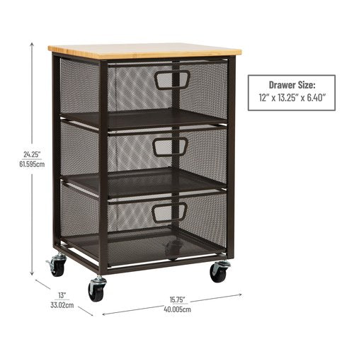 Mind Reader 3-Drawer Rolling Storage Cart, Office Organizer with Wood Top, Multipurpose Portable Cabinet with Wheels, Metal Mesh, Black