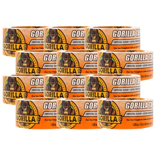 Gorilla Crystal Clear Tape, 1.88” x 18 yd (Pack of 12) - Weather Resistant for Indoor or Outdoor Projects and Repairs