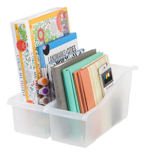 IRIS USA Plastic Book Bin Magazine Holder, 8-Pack, Vertical Standing Connecting Container Box for Office Dorm Study Homework Binder Notebook File Craft Stationery Supplies Organizer Caddy, Clear